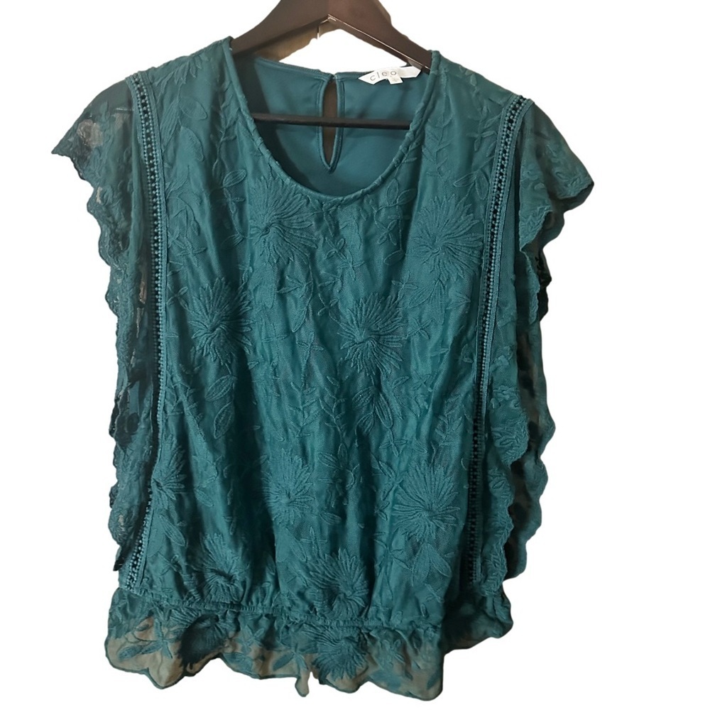 Cleo Teal Floral Lace Sleeveless Blouse Size Large Boho Cottagecore Party